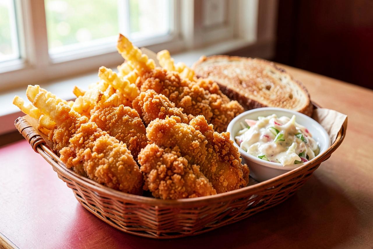 Chicken finger combo with fries, toast, coleslaw and dipping sauce