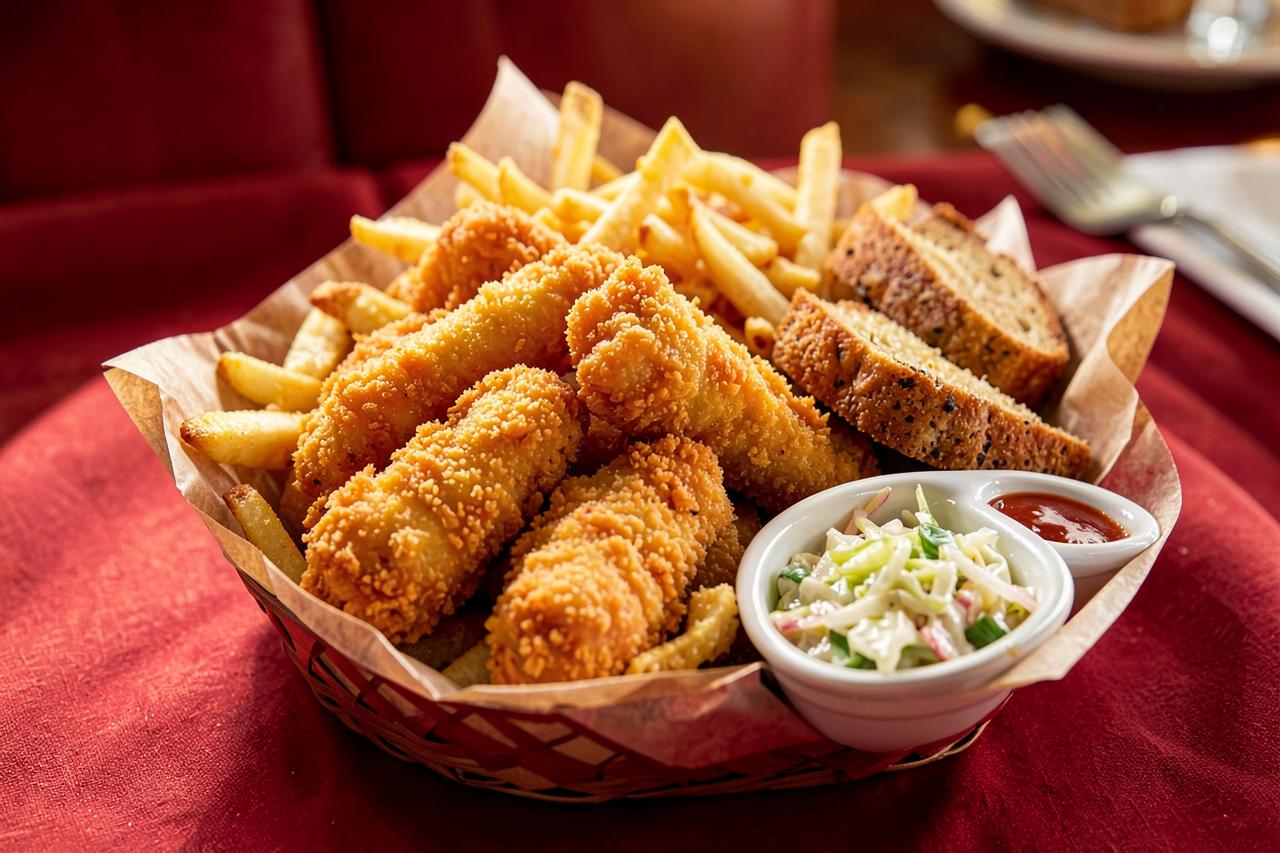 Large chicken finger meal with fries, toast and coleslaw