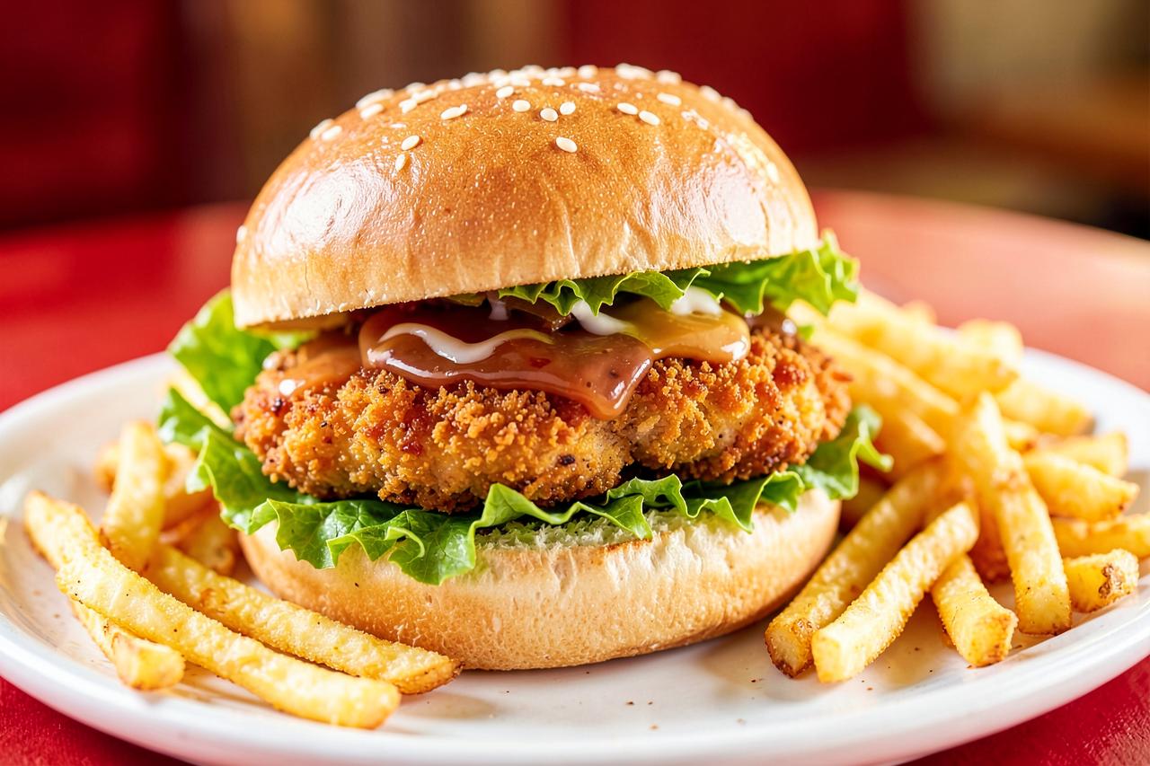Crispy chicken sandwich served with fries
