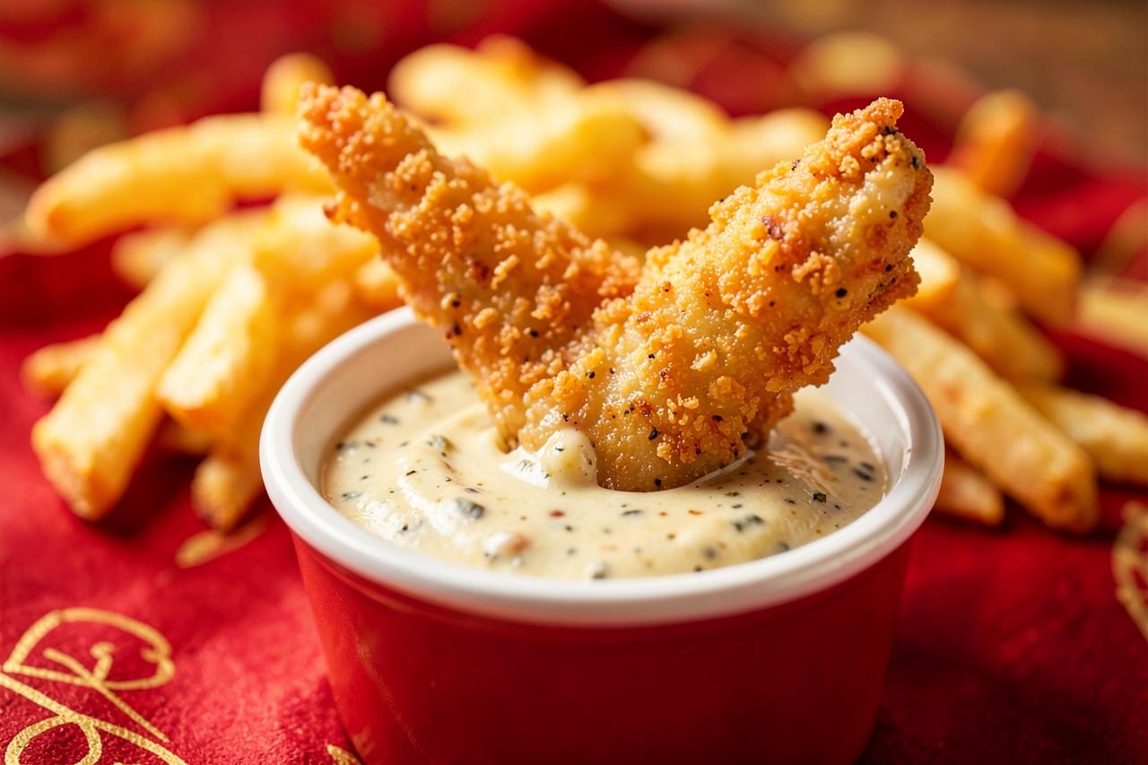 Crispy chicken fingers dipped in creamy peppered sauce