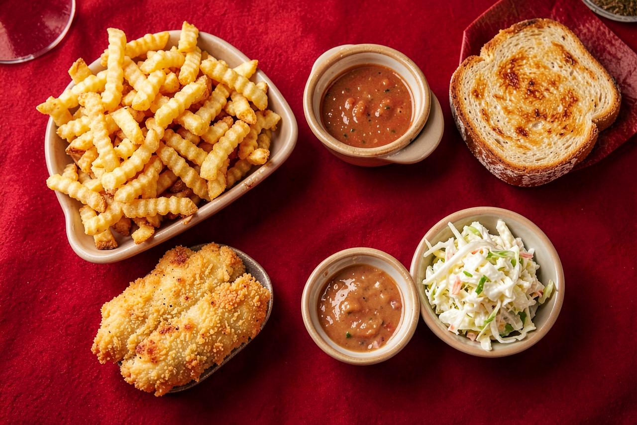 Crinkle-cut fries, Texas toast, coleslaw and dipping sauce